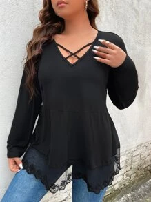 SHEIN Clasi Plus Crisscross Front Contrast Lace Hem Tee - Black - View 4
