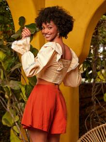 SHEINNeu Ruffle Trim Cut Out Flounce Sleeve Crop Top