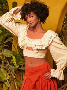 SHEINNeu Ruffle Trim Cut Out Flounce Sleeve Crop Top