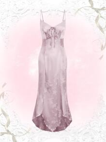 ROMWE Fairycore 提花前繫帶高低下擺吊帶洋裝 - 粉色 - 查看 1