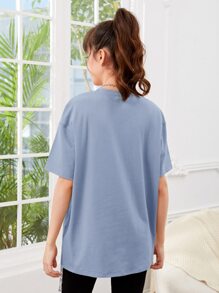 SHEIN Solid Color Loose Round Neck Teen Girls' Letter Print Dropped Shoulder T-Shirt