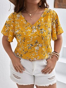 SHEIN VCAY Áo sơ mi Plus Size Hoa Boho - Màu Mù tạt vàng - Xem 1