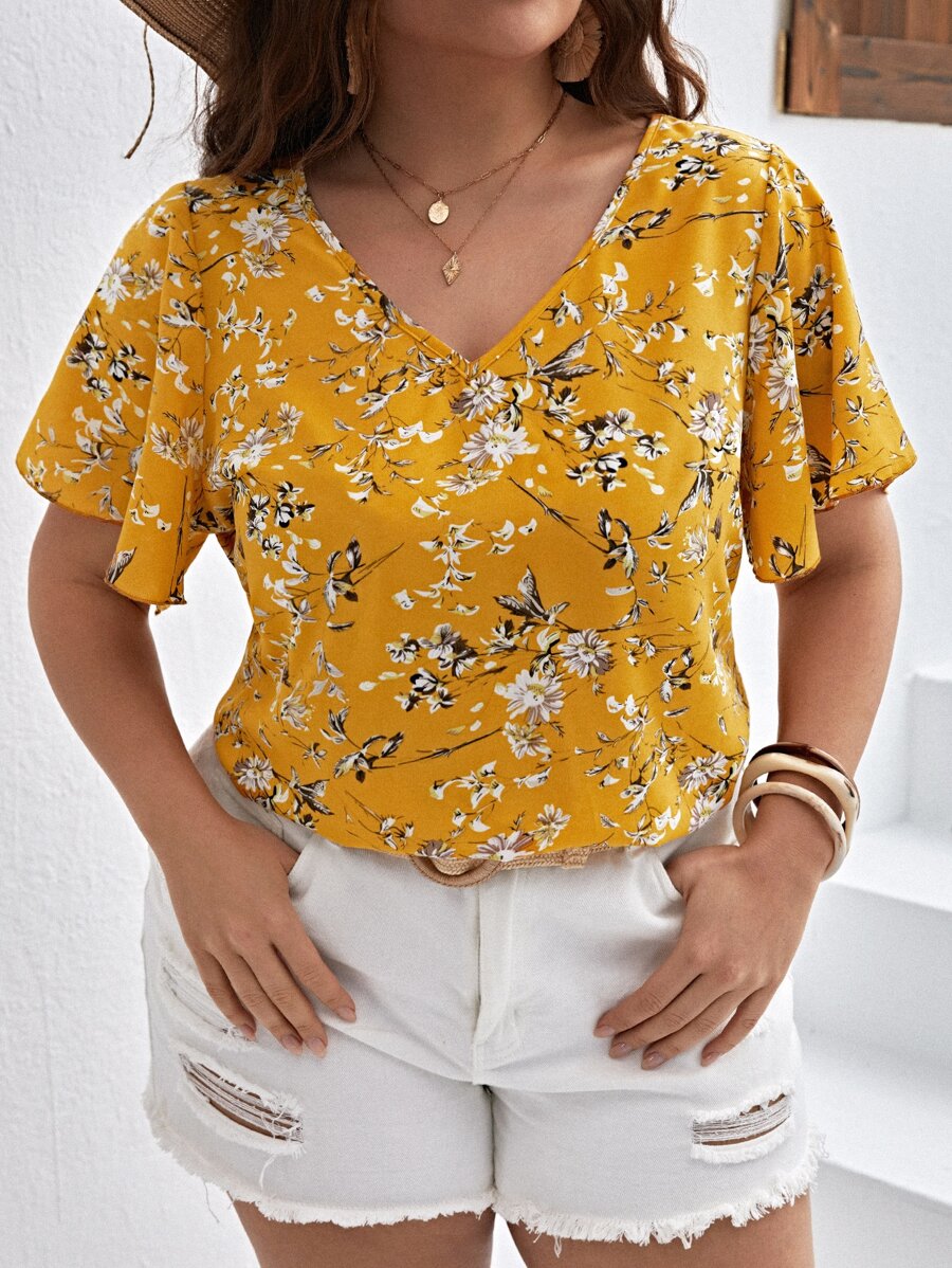 SHEIN VCAY Áo sơ mi Plus Size Hoa Boho - Màu Mù tạt vàng - Xem 1