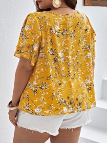 SHEIN VCAY Áo sơ mi Plus Size Hoa Boho - Màu Mù tạt vàng - Xem 3