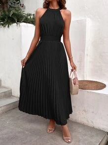 Chiquease Solid Pleated Hem Halter Dress