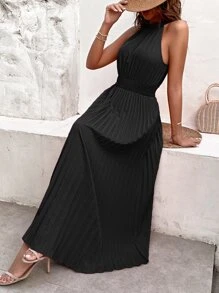 Chiquease Solid Pleated Hem Halter Dress