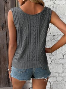 SHEIN VCAY Chaleco de punto unicolor tejido de cable - Gris Oscuro - Ver 2
