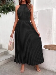 Chiquease Solid Pleated Hem Halter Dress