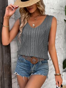 SHEIN VCAY Chaleco de punto unicolor tejido de cable - Gris Oscuro - Ver 4