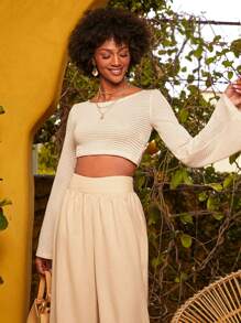 SHEINNeu Boat Neck Bell Sleeve Crop Top - Apricot - View 1