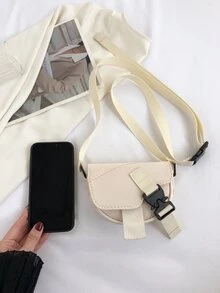 Mini Saddle Bag Release Buckle Decor Flap PU For Daily Life - Beige - View 4