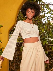 SHEINNeu Boat Neck Bell Sleeve Crop Top - Apricot - View 5