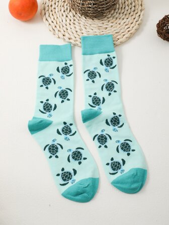 1pair Women Turtle Pattern Fashionable Crew Socks, For Daily Life, Fall Socks