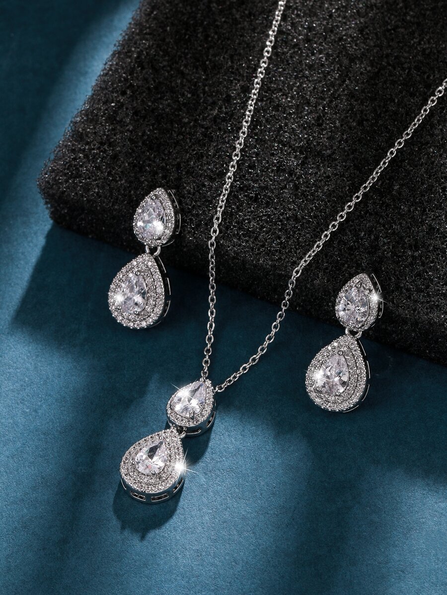 3pcs/set Cubic Zirconia Water-drop Decor Jewelry Set - Silver - View 1