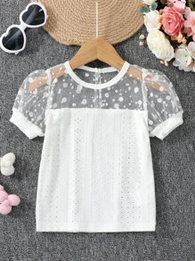 Toddler Girls Contrast Dobby Mesh Puff Sleeve Eyelet Embroidery Tee - White - View 1