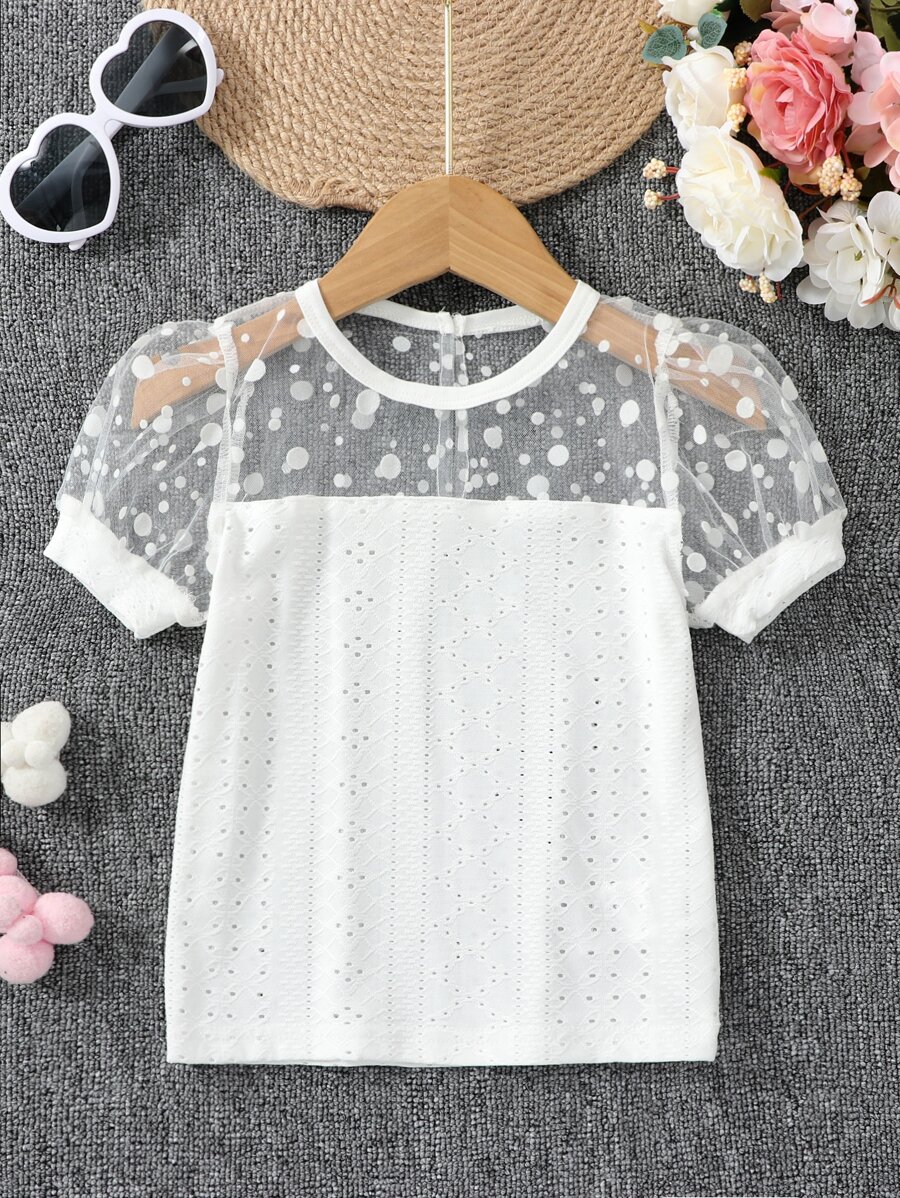 Toddler Girls Contrast Dobby Mesh Puff Sleeve Eyelet Embroidery Tee - White - View 1