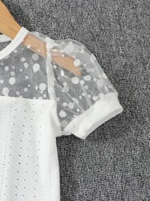 Toddler Girls Contrast Dobby Mesh Puff Sleeve Eyelet Embroidery Tee - White - View 3