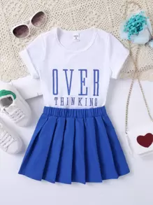 SHEIN 小女童字母圖案T恤和百褶半身裙 - 藍白色 - 查看 1