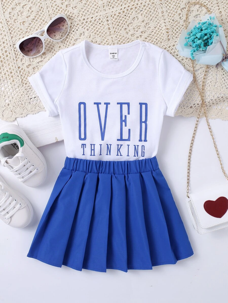 SHEIN 小女童字母圖案T恤和百褶半身裙 - 藍白色 - 查看 1