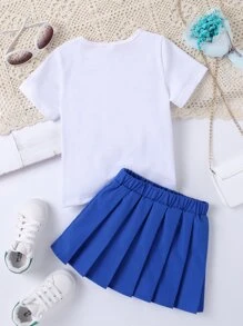 SHEIN 小女童字母圖案T恤和百褶半身裙 - 藍白色 - 查看 2