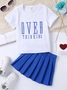 SHEIN 小女童字母圖案T恤和百褶半身裙 - 藍白色 - 查看 5