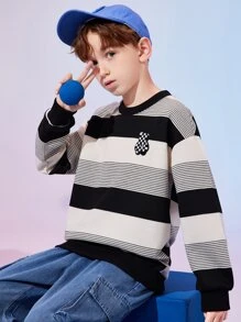 Boys Striped & Bear Print Drop Shoulder Sweatshirt - Black and White - View 1