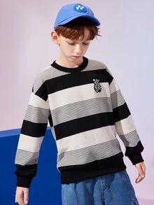 Boys Striped & Bear Print Drop Shoulder Sweatshirt - Black and White - View 3