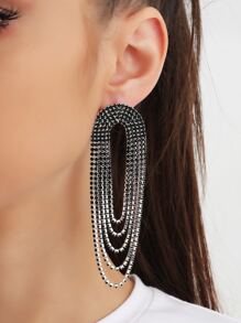 Rhinestone Tassel Decor Drop Earrings - Black - View 1