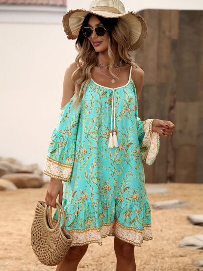 SHEIN LUNE 印花挖肩流蘇邊荷葉邊連衣裙