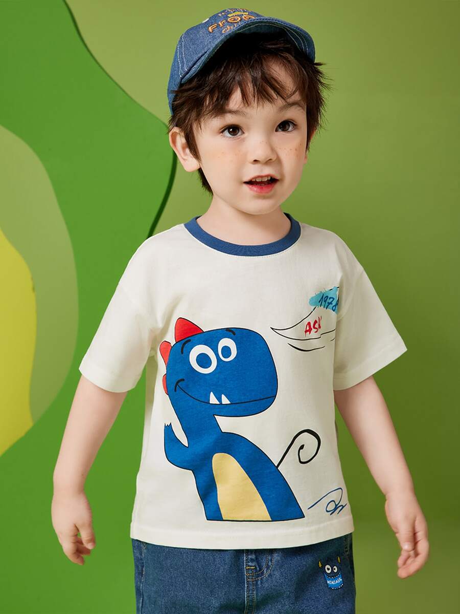 Niñito Camiseta de hombros caídos con estampado de dibujos animados - Beis - Ver 1