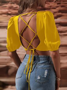 SHEIN Unity Áo sơ mi nữ Lộ Lưng Hội Chữ thập Ren lên Buộc lại màu trơn Gợi cảm - Màu vàng - Xem 1