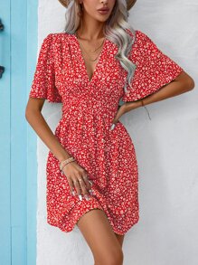 Breezaya Ditsy Floral Print Butterfly Sleeve Dress - Red - View 1
