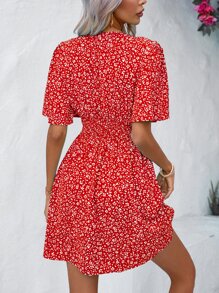 Breezaya Ditsy Floral Print Butterfly Sleeve Dress - Red - View 2