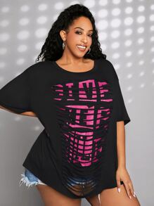 SHEIN CURVE+ Plus Letter Graphic Drop Shoulder Tee - Black - View 7