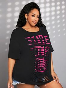 SHEIN CURVE+ Plus Letter Graphic Drop Shoulder Tee - Black - View 3