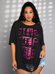SHEIN CURVE+ Plus Letter Graphic Drop Shoulder Tee - Black - View 4