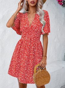 Breezaya Ditsy Floral Print Butterfly Sleeve Dress - Red - View 4