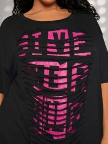 SHEIN CURVE+ Plus Letter Graphic Drop Shoulder Tee - Black - View 6