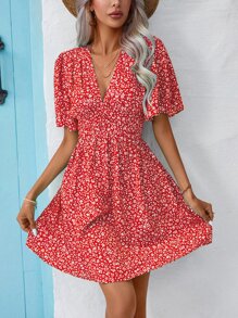 Breezaya Ditsy Floral Print Butterfly Sleeve Dress - Red - View 6
