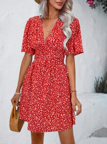 Breezaya Ditsy Floral Print Butterfly Sleeve Dress - Red - View 7