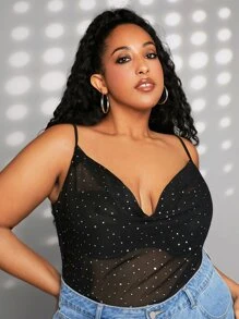 SHEIN CURVE+ Áo hai dây Plus Size cắt ghép mộng kim sa Vắt Chấm bi Buổi tiệc - màu đen - Xem 8