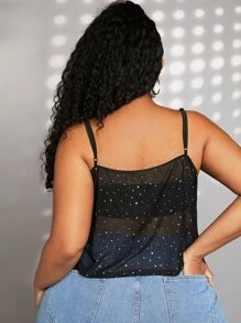 SHEIN CURVE+ Áo hai dây Plus Size cắt ghép mộng kim sa Vắt Chấm bi Buổi tiệc - màu đen - Xem 2