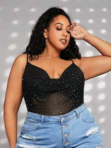 SHEIN CURVE+ Áo hai dây Plus Size cắt ghép mộng kim sa Vắt Chấm bi Buổi tiệc - màu đen - Xem 4