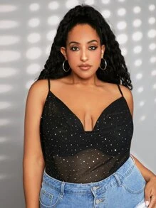 SHEIN CURVE+ Áo hai dây Plus Size cắt ghép mộng kim sa Vắt Chấm bi Buổi tiệc - màu đen - Xem 5