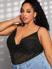 SHEIN CURVE+ Áo hai dây Plus Size cắt ghép mộng kim sa Vắt Chấm bi Buổi tiệc - màu đen - Xem 6