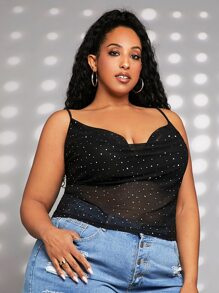 SHEIN CURVE+ Áo hai dây Plus Size cắt ghép mộng kim sa Vắt Chấm bi Buổi tiệc - màu đen - Xem 9