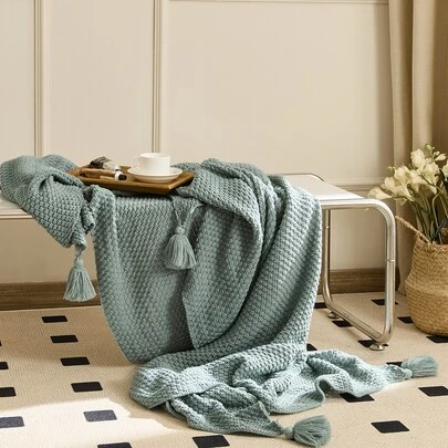 1入組針織織物波西米亞綠色流蘇裝飾床毯