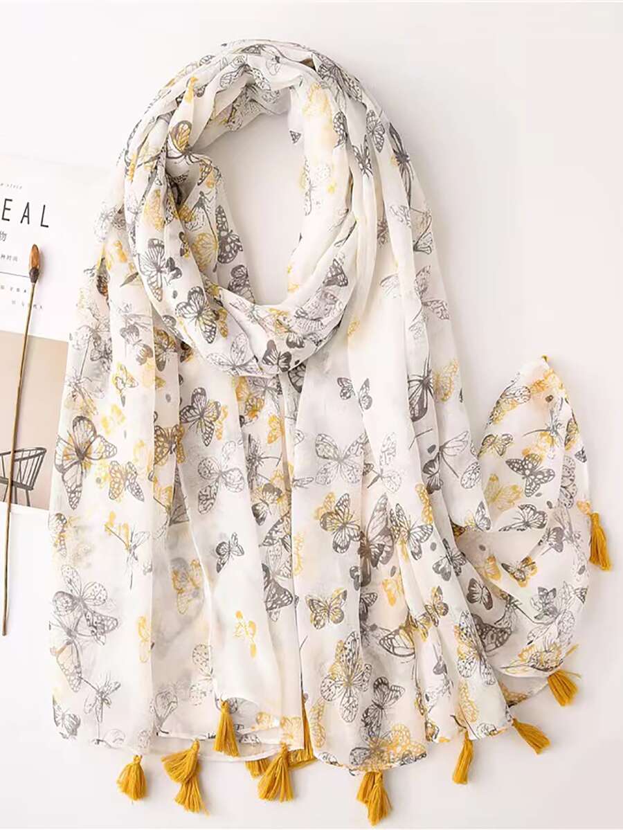 1buc eșarfă cu ciucuri cu imprimeu fluture pentru femei