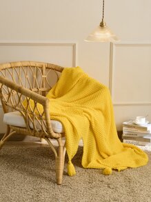 1入組針織織物波西米亞黃色流蘇裝飾床毯 - 黃色 - 查看 1