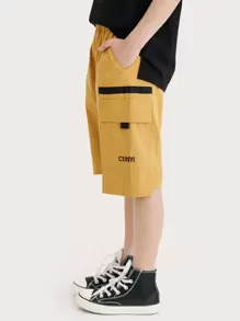 男孩夏天字母刺繡工裝短褲帶大口袋